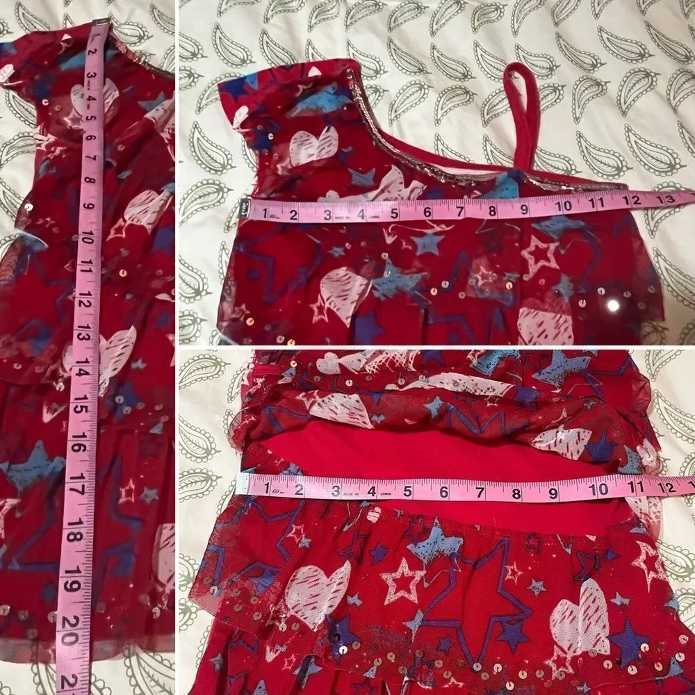 Justice Red Tiered Ruffle Sequin One Shoulder Star Print July 4th Tank Top Red 8
